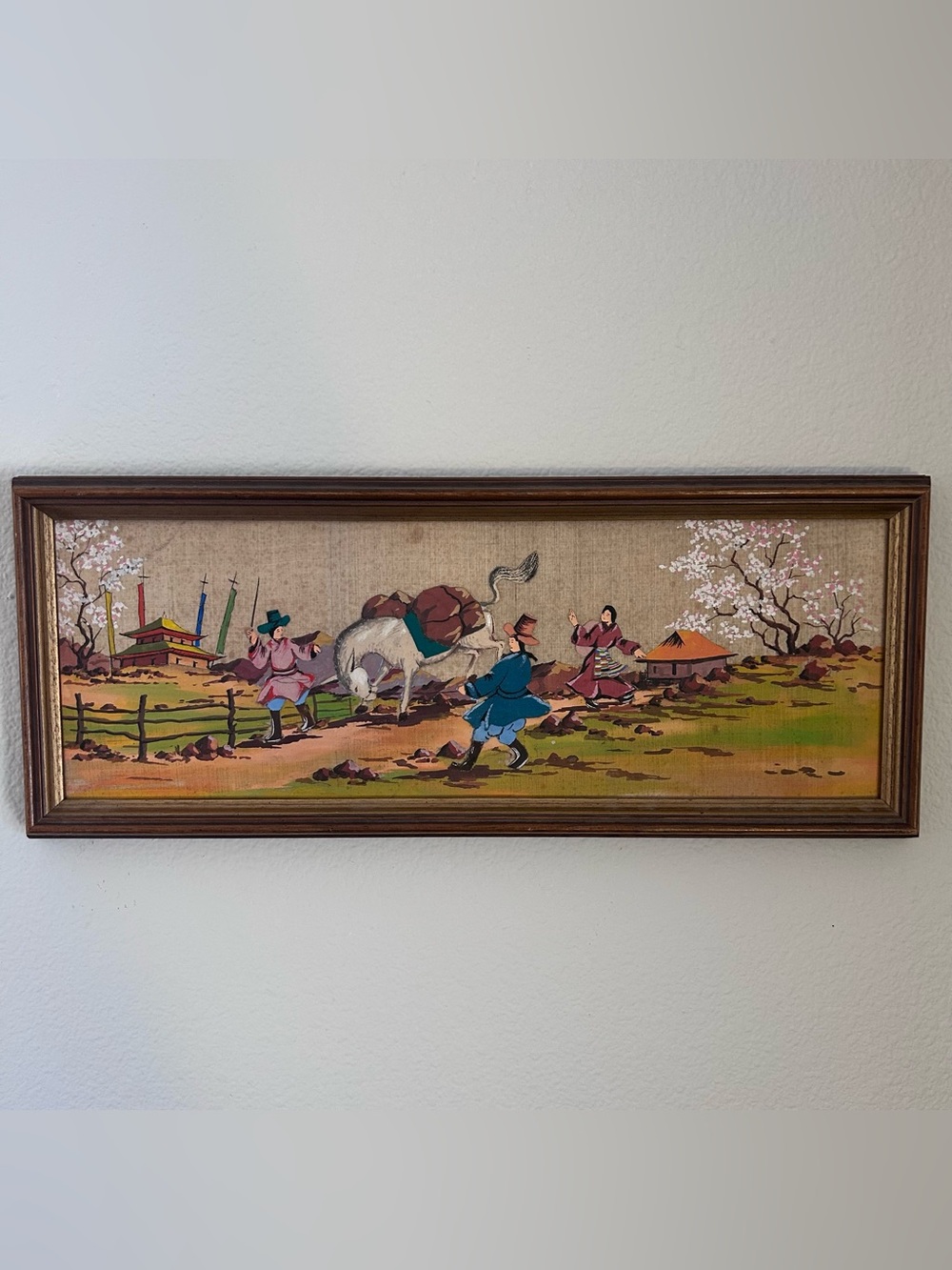 Tibetan Folk Art Painting Vintage 60s Handmade by Refugees Framed Sapyapa India